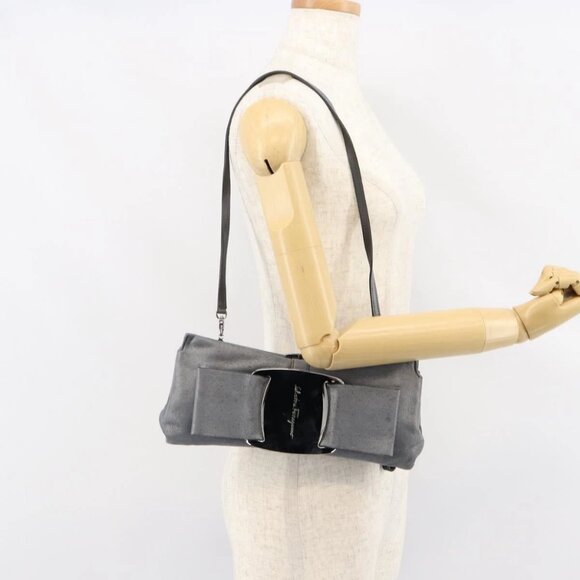 Salvatore Ferragamo Handbags - Salvatore Ferragamo Vala Shoulder Bag Suede Gray Silver Auth 149149